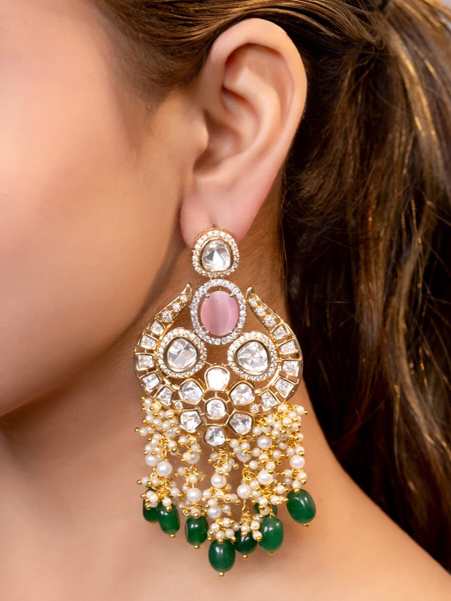 LE MORTHA GOLD PLATED MOISSANITE AND PEARLS STUDDED EARRINGS - Image 2